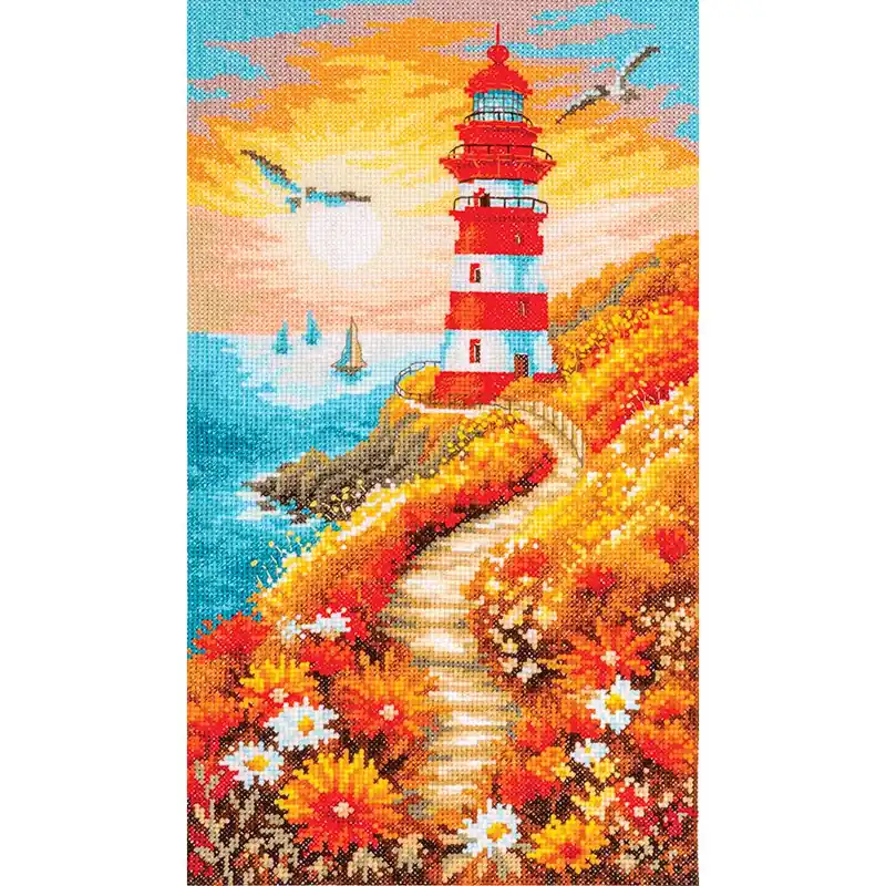 Spedizione rapida - kit ricamo a punto croce Lanarte Il sentiero fiorito del faro - Aïda