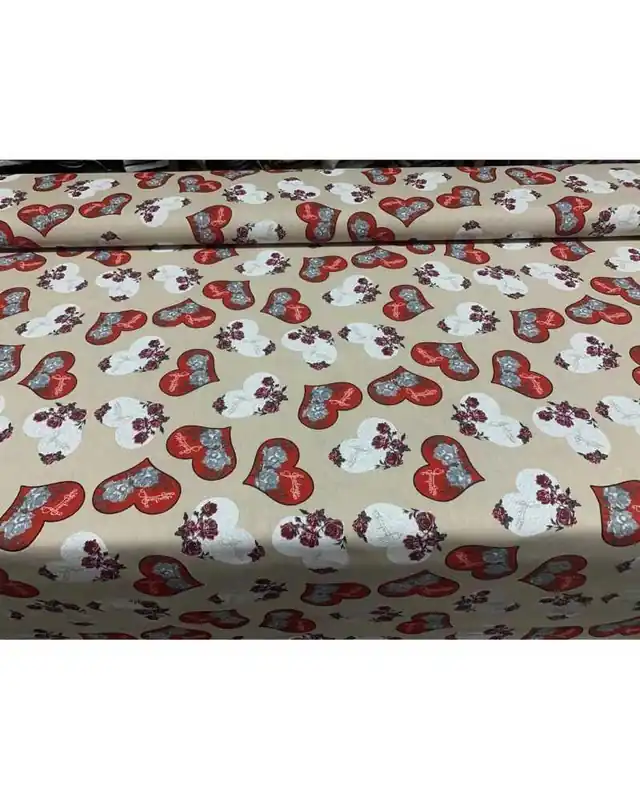 50 cm Tessuto Panama Tappezzeria Stampato cuori con rose shabby rosso alto 280 cm | In pronta consegna