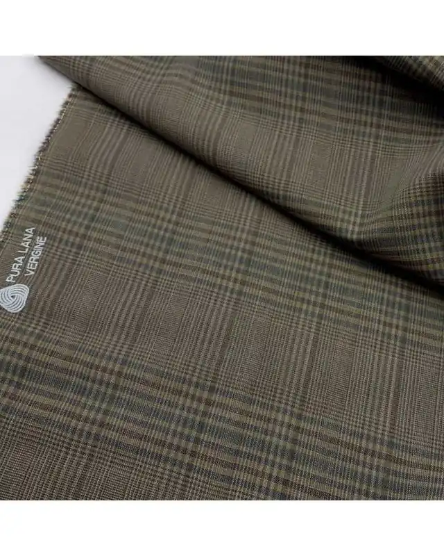 Direttamente dal produttore | Tessuto in fresco lana tasmania principe di galles verde e marrone alto 150 cm