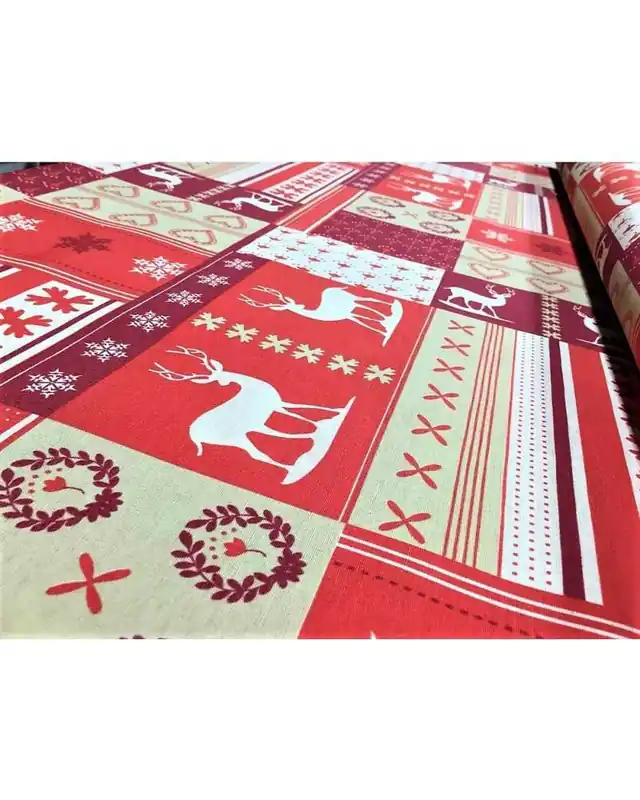Spedizione rapida | Tessuto per tappezzeria loneta misto cotone stampato natale con renne colori rosso e beige alto 280 cm linea oro