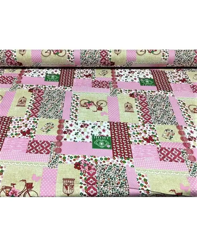 Acquista ora - Tessuto per tappezzeria loneta misto cotone stampato con bici fiorellini scritte farfalle e uccelli rosa alto 280 cm linea oro