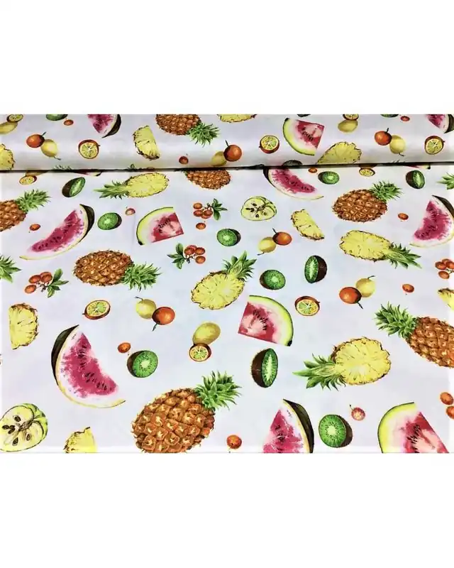 Tessuto per tappezzeria 100% puro cotone drill stampato fondo bianco con frutta esotica alto 280 cm | Tra i più venduti