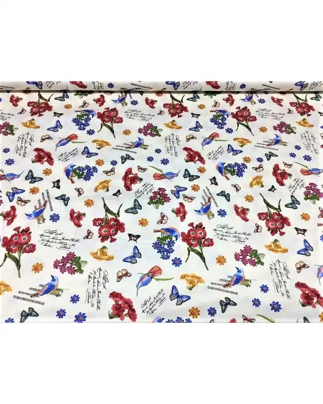 Tessuto per tappezzeria 100% puro cotone drill stampato fiori farfalle e uccelli fondo bianco alto 280 cm - Quasi esaurito