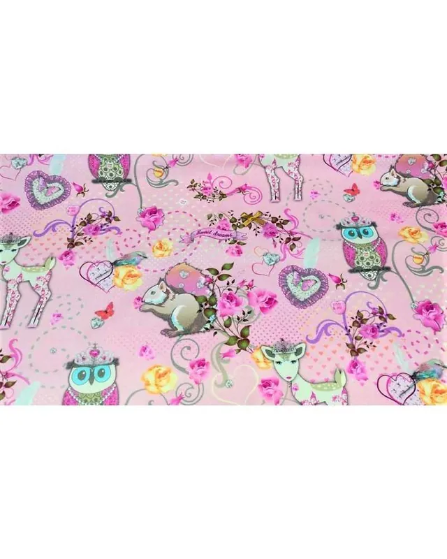 50 cm Tessuto panama in cotone stampato digitale per tappezzeria con animali gufi scoiattoli cerbiatti e fiori alto 140 cm - Prezzo promozionale
