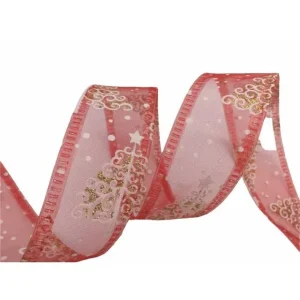 2 Mt Passamaneria Nastro Organza Albero Natale Rosso Stampato Bianco Glitter Oro Alto Mm 40 - Non perdertelo