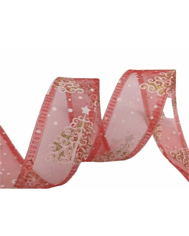 2 Mt Passamaneria Nastro Organza Albero Natale Rosso Stampato Bianco Glitter Oro Alto Mm 40 - Non perdertelo