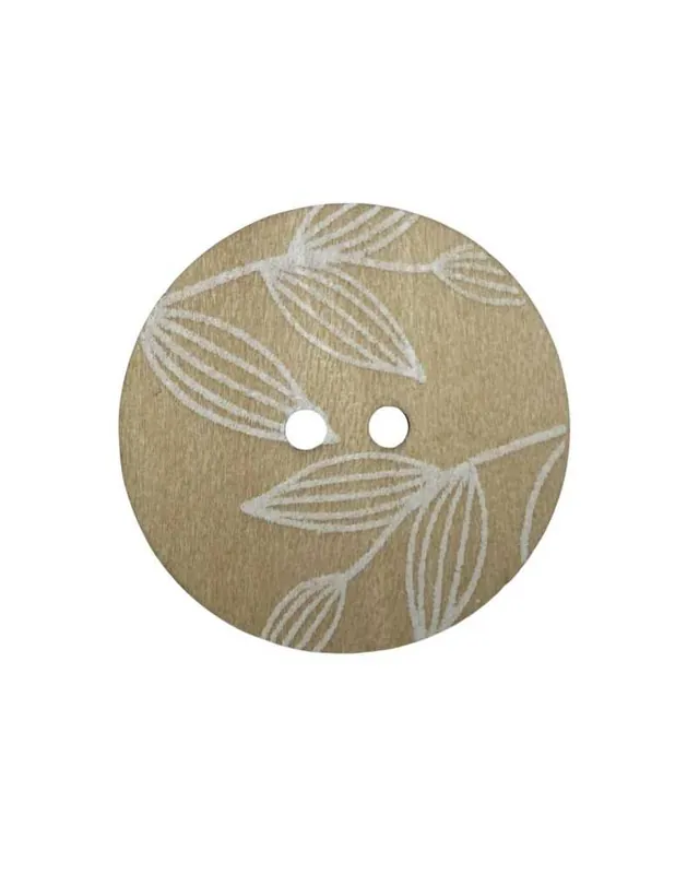 Bottone decorativo in legno naturale – 2 fori – Ø 35 mm – stampa floreale bianca - Ultima occasione