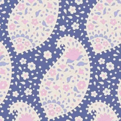 Tilda 110 PlumGarden, Teardrop Blueberry, disegno cashmere floreale, fondo blu - Disponibile