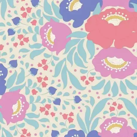 Super offerta - Tilda 110 PlumGarden, Autumn Bouquet Teal, fondo avorio, mazzi rose grandi colori salmone, rosa e azzurro, foglie verde acqua