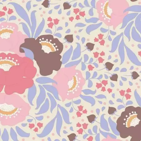 Tilda 110 PlumGarden, Autumn Bouquet Blue, fondo avorio, mazzi rose grandi colori salmone, rosa e marrone, foglie lilla - Acquista oggi