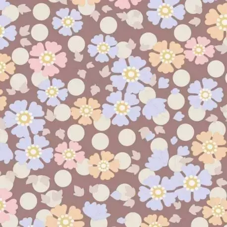 Tilda 110 PlumGarden, Windflower Nutmeg, fondo cappuccino con pois avorio e fiori vari rosa, azzurro confetto e arancio chiaro. | Qualità eccellente