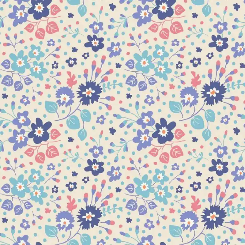 Diretto dalla fabbrica | Tilda 110 PlumGarden, FLOWER CONFETTI BLUE fondo chiaro panna, piccoli fiori lilla, blu e foglie turquese e salmone