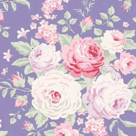 Tilda 110 Old Rose Lydia, Tessuto con bouquet di grandi Rose su Blu | Molto apprezzato