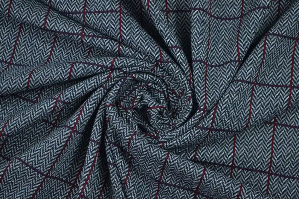 Punto Milano cotone stretch spigato blu con quadri bordeaux | Offerta del giorno