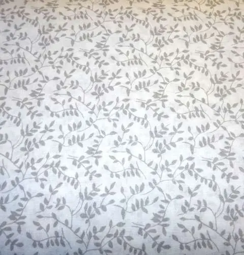Prezzo basso | Tela in puro cotone altezza cm 300 fantasia grigio righe-foglie e pois, 12,00 al metro vendita a multipli di 50 cm