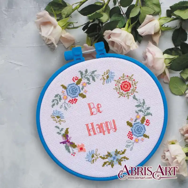 “Be Happy!”. Kit ricamo punto croce con telaio | Prezzo conveniente