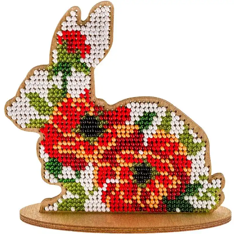 “Coniglietto. In fiori rossi”. Kit ricamo a perline in legno - Ultima novità