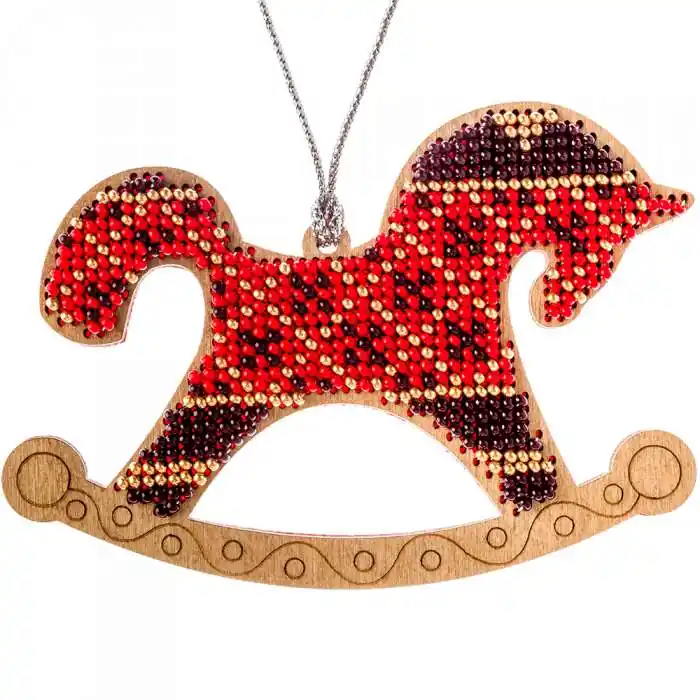 Compra oggi - “Cavallo a dondolo rosso”. Decorazione di Natale ricamo a perline in legno